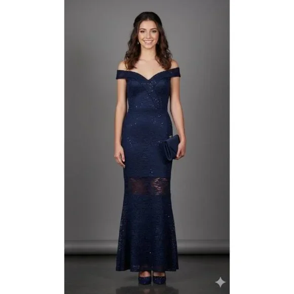 NWOT Quiz Bardot Embellished Sequin Cocktail Formal Prom Gown Navy Blue 4 - Picture 3 of 12
